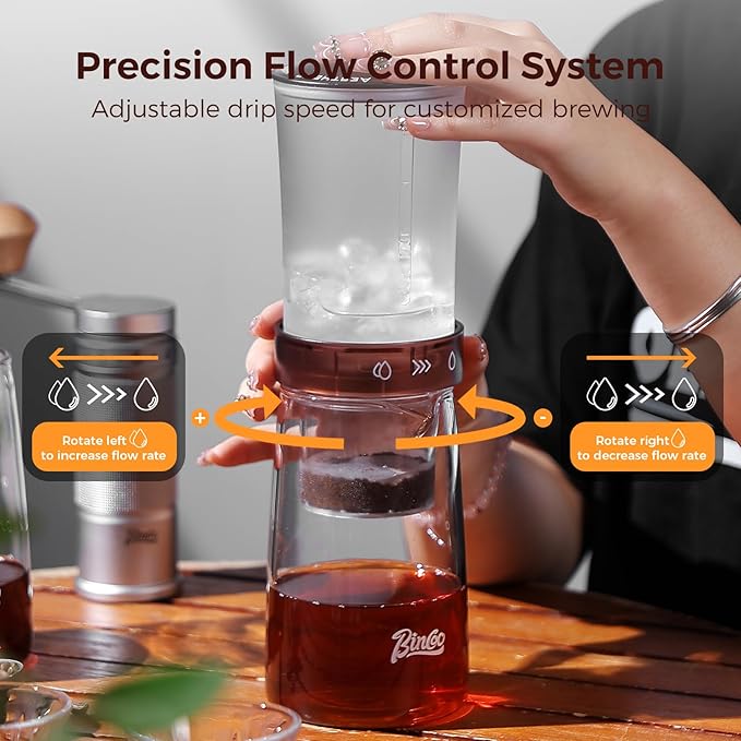 Adjustable Flow Cold Brew Coffee Maker 450ml Glass Ice Drip Tower with Control Valve &amp 500-Mesh Stainless Steel Filter for Smooth Low-Acid Cold Brew Iced Coffee at Home (Translucent Amber)