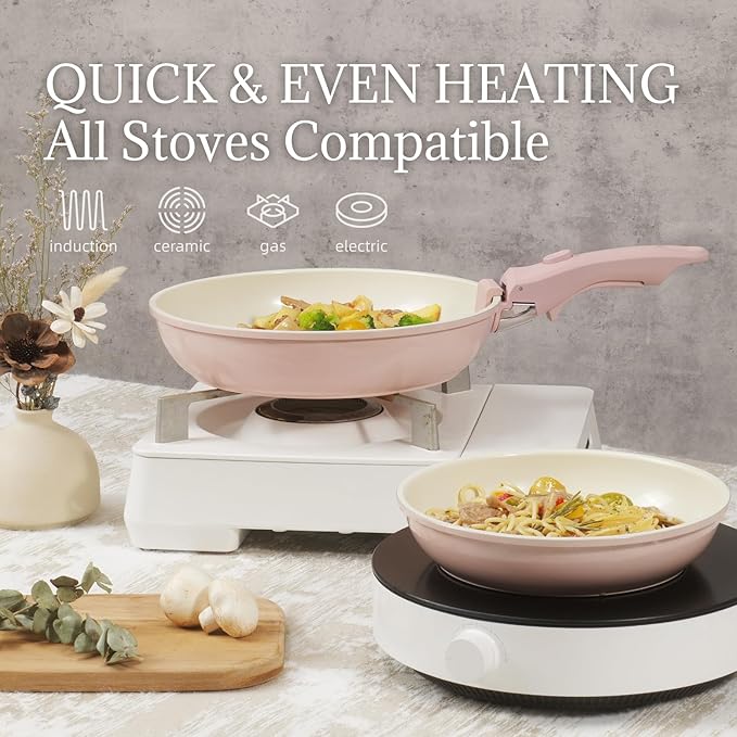Ceramic Cookware Set Non Stick 8Pcs Pots and Pans Set Detachable Handle Induction Kitchen Cooking Set with Frying Pans Oven Dishwasher Safe PFAS/PFOA Free Pink