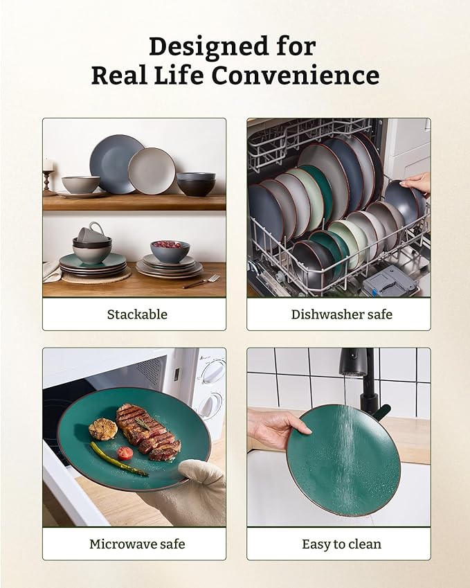 Famiware Venus Plates and Bowls Sets 18 Pieces Stoneware Speckled Dinnerware Dishes Set for 6 Matte Dark Green - Microwave &amp Dishwasher Safe Modern Minimalist for Everyday Meals &amp Formal D