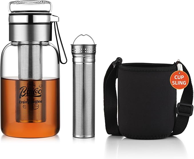 Bincoo Glass Cold Brew Coffee Maker with Extended Fine Mesh Filter Tea Infuser Bottle Iced Coffee Maker with Thick Borosilicate Glass (500ml/17oz)