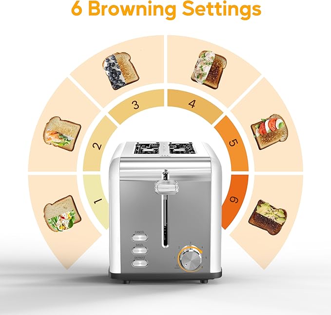 HealSmart 2-Slice Stainless Steel Toaster 6 Browning Setting and 3 Function Toaster Extra Wide Slot &amp Removable Crumb Tray for Bread &amp Waffle White