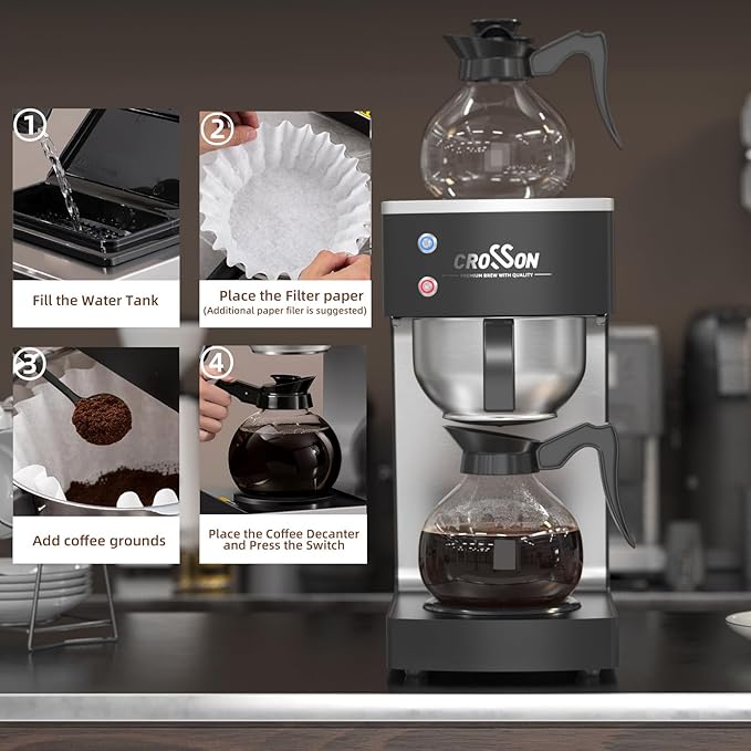 crosson 12 Cup Commercial Drip Coffee Brewer with Upper and Lower Warmer &amp 2 Glass DecanterPour Over Coffee Maker with Easy Clean Fingerprint Free Housing and 304 Stainless Steel Funnel