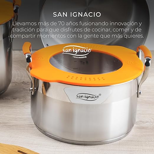 SAN IGNACIO Compact Stainless Steel Pot Set 5 Pieces Contains 2 Pots with 20 and 24 cm and 1 Saucepan with 16 cm Cooking Pot Set for All Hob Types