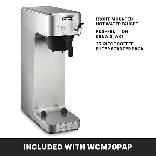 Waring Commercial WCM70PAP Café Deco Automatic Airpot Coffee Brewer Stainless Steel Construction Hot water faucet Plumbed 120V 5-15 Phase PlugSilver/ Black
