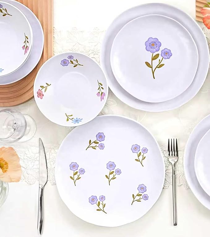 12-Piece Melamine Dinnerware Set Unbreakable Plates and Bowls Set for Outdoor Camping Picnic Party Service for 4 Shatterproof &amp Lightweight Floral Dining Dishes Set Blue Purple Red Pink