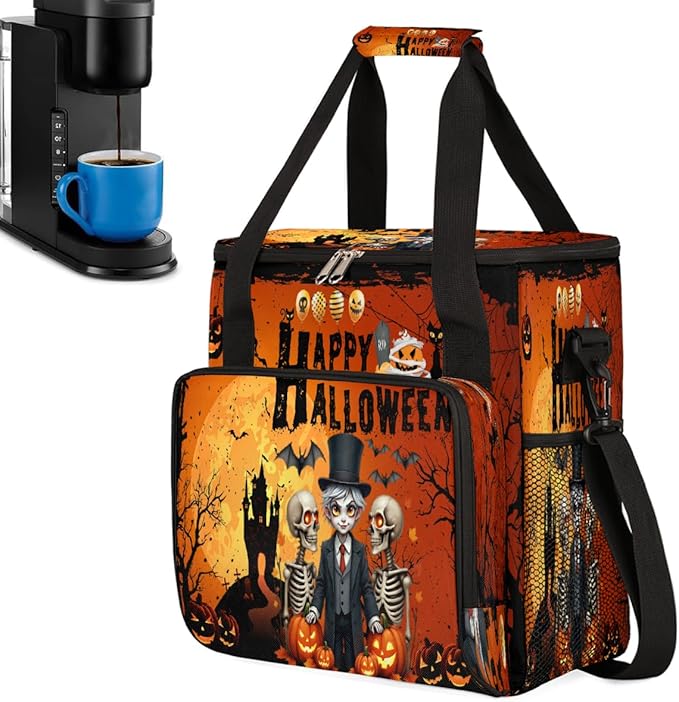 Skeleton Prince Pumpkin Bat Halloween Coffee Maker Carring Bag Travel Carrying Storage Tote Bag Compatible with Keurig K-Mini or K-Mini Plus Portable Single Serve Coffee Brewer Case with Pockets