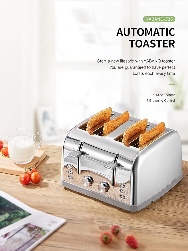 Toaster 4 Slice Extra Wide Slots Stainless Steel with High Lift Lever Bagel and Muffin Function Removal Crumb Tray 7-Shade Settings with Warming Rack Silver Yabano