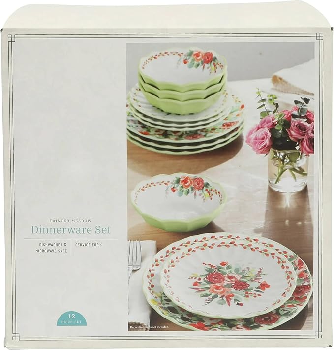 12 Piece Ceramic Dinnerware Set Floral Pattern Plates and Bowls for Everyday Use