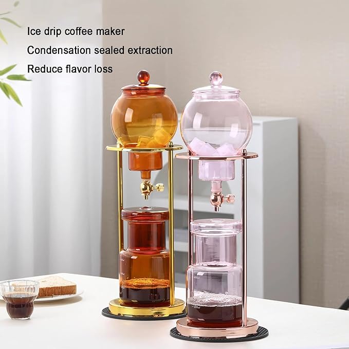 Cold Brew Coffee Tower Ice Drip Coffee Machine with Slow Drip Technology Metal Bracket 600ml Large Capacity Glass Pot for Home Office 4-6 Cups
