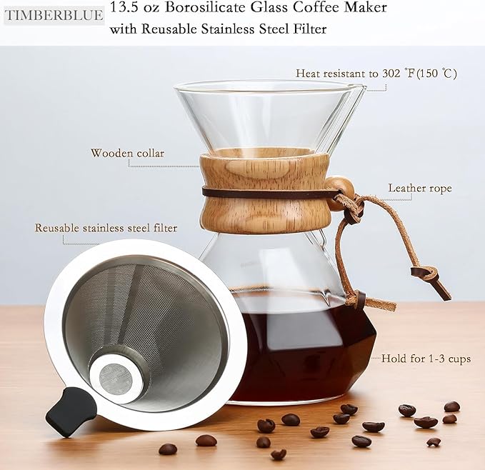 Pour Over Coffee Maker with Reusable Stainless Steel Filter Borosilicate Glass Coffee Jug Wood Collar Coffee Infuser Holds 2 Cups 13.5oz/400ml Clear