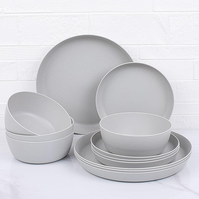 EI 12pcs Wheat Straw Dinnerware Set of 4Plastic Plates Reuasble UnbreakablePlastic Plates and Bowls Sets for CampingPicnincFamily Dinner