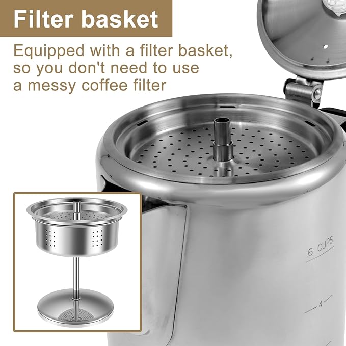 Stainless Steel Coffee Percolator 6 Cup Fast Brew Coffee Maker Percolator with Glass Knob Portable Outdoors Camping Coffee Pot for Gas Stove
