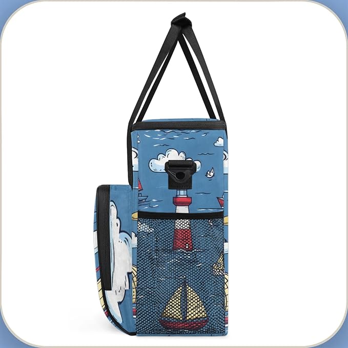 Cartoon Ocean Ship Coffee Maker Travel Bag for Keurig K-Mini/K-Mini Plus Insulated Waterproof Tote with Pockets for K-Cup Portable Single-Serve Brewer Case