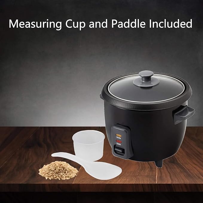 4 Cup Electric Rice Cooker with Auto Warm Function – Non-Stick Pot One-Touch Operation Glass Lid Includes Paddle &amp Measuring Cup – Black Compact Steamer for Rice Quinoa Oats &amp More