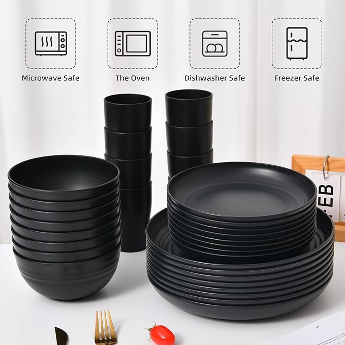32 Piece Wheat Straw Dinnerware Set - Black Plates and Bowls for 8 Unbreakable Dishwasher &amp Microwave Safe Reusable Lightweight Tableware Ideal for Camping and Everyday Use