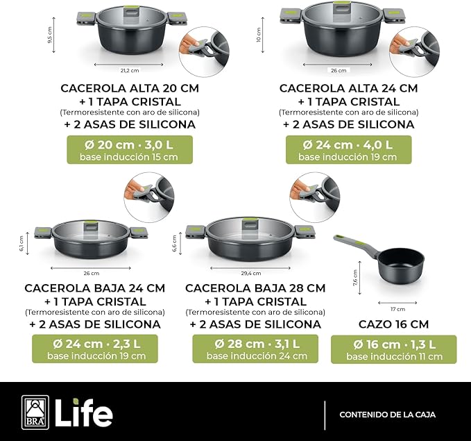 BRA LIFE – 9 Pieces of Cast Aluminium 100% Recycled Non-Stick Reinforced Ceramic without PFOA without PTFE Suitable for All Types of Cookers and Induction
