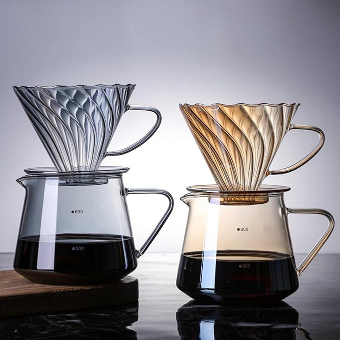 Pour Over Coffee Maker Set 600ML Glass Carafe Coffee Server with Dripper Set V60 Glass Coffee Filter for Home Office Gift 1-4 Cups (Gold)