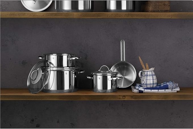 WMF Pot Set 4-Piece Provence Plus Pouring Rim Glass Lid Cromargan Stainless Steel Polished Suitable for Induction Hobs Dishwasher-Safe