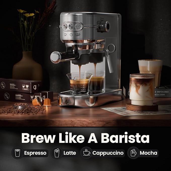 Espresso Machine - 20Bar Coffee Maker with Foaming Steam Wand: 1450W Compatible for Original Capsule &amp Ground Single-Serve Espresso Maker with 35Oz Removable Water Tank for Latte Kitchen