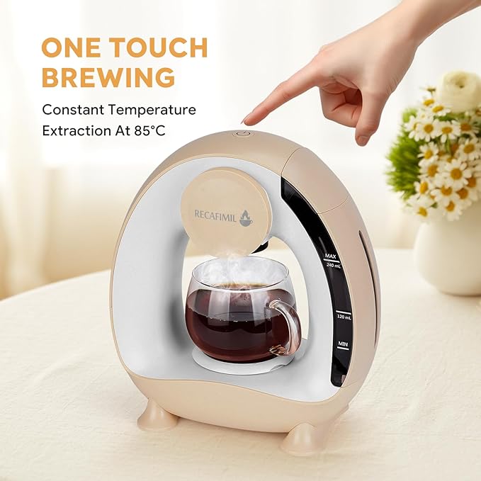 Single Serve Coffee Maker For K Cup Pod and Coffee Grounds /Tea Fast Brew in 2 minutes 2 IN 1 One Button Coffee Machine 4-8 Oz Brew Sizes Stylish＆Compact For Home Office RV and Dorm Champagne
