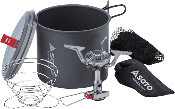 SOTO Compact Helix Coffee Maker Portable Stainless Steel Pour Over Coffee Dripper wth New River Camping Pot &amp Portable Amicus Camping Stove with or without Igniter - Backpacking Stove Set
