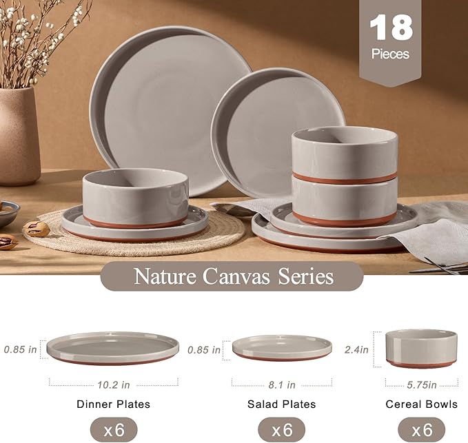 LIANYU 18 Piece Dinnerware Sets for 6 Modern Style Stoneware Dinnerware Set Scratch Resistant Dishwasher Safe Bowl and Plate Sets Ceramic Dish Dinner Set Terra Brown
