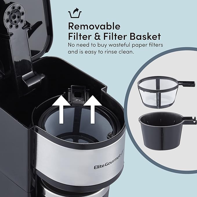 Elite Gourmet EHC-112B Personal Single-Serve Compact Coffee Maker Brewer Includes 14Oz. Thermal Travel Mug with Stainless Steel Interior Compatible with Coffee Grounds Reusable Filter Black