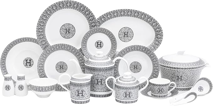 Dinnerware Set for 4-16 Piece Porcelain Dishes - Gorgeous White and Silver Intricate Geometric Mosaic Design - Premium Kitchen Set - For Everyday Use and Formal Occasions (58 Piece Set)