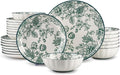 24-Piece Dinnerware Set Service 8 Porcelain Plates and Bowls Set Vintage Green Rose Scalloped Edge French Country Aesthetic Microwave Dishwasher Safe