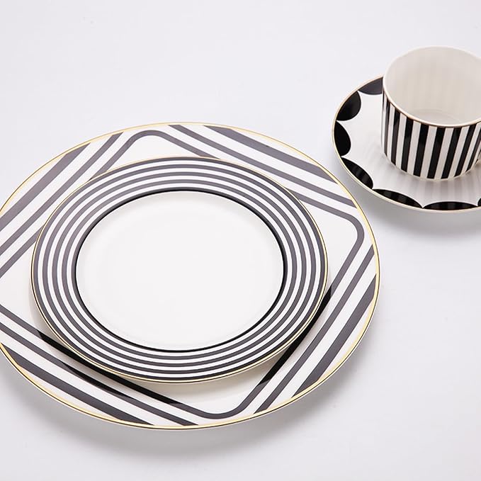 European Style Dinnerware Set Service for 2 Bone China Dinnerware Sets Unbreakable Porcelain Dinner Sets Coffee Cup and Saucer Tableware Set Steak Dinner Plates Dish Set Striped black white-02