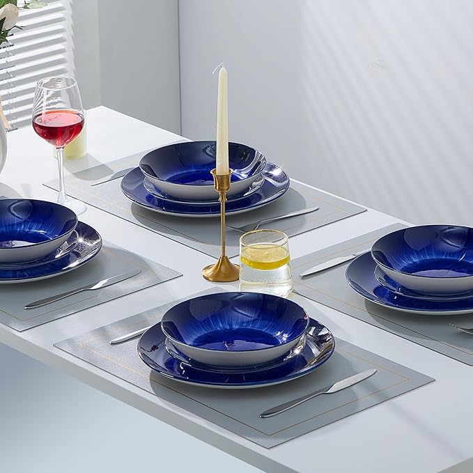 Bestone 12 Piece Round Kitchen Dinnerware SetsPlates and Bowls setsDishes Plates Bowls Dish SetPlates and BowlsService for 4 Chip Resistant Porcelain Starburst Turquoise Dark Blue