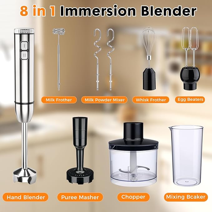 Immersion 8 in 1 Hand Blender 25 Speed &amp Turbo Mode Handheld Blenders Electric Sitck Blender with Beaker Chopper Milk Frother Frother Grinder and Mixer