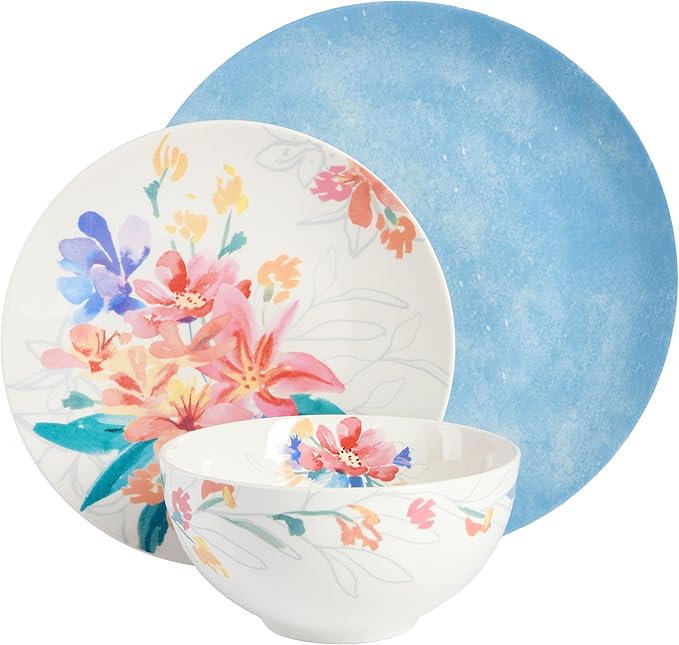 Spice by Tia Mowry Goji Blossom Decorated Porcelain Chip and Scratch Resistant Dinnerware Set Blue 12-Piece