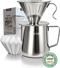 AGOGO Portable Pour Over Coffee Maker V60 Set - Easy Cleaning Compact 304 Stainless Steel Dripper for Camping &amp 50 Filters Paper &amp Barista Towel-Silvery-20oz/600ml