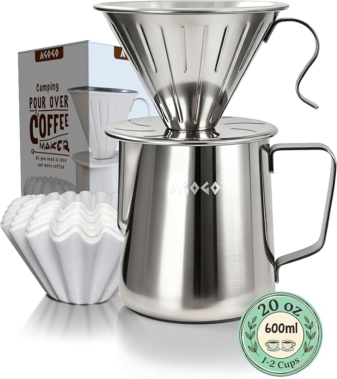 AGOGO Portable Pour Over Coffee Maker V60 Set - Easy Cleaning Compact 304 Stainless Steel Dripper for Camping &amp 50 Filters Paper &amp Barista Towel-Silvery-20oz/600ml
