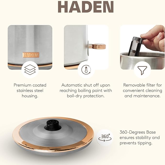 Haden Heritage 4 Slice Wide Slot Stainless Steel Toaster Bundled with 1.7 Liter Stainless Steel Electric Water Kettle Steel &amp Copper