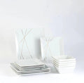 DOMINI 12-Piece Kitchen Dinnerware Set Service for 4 Porcelain Dishes Dinner Set Square Dinnerware Sets with Dinner Plates Dessert Plates and Pasta BowlsWhite gold line