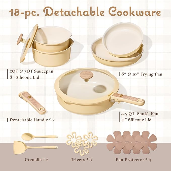 CAROTE 18 Pcs Ceramic Cookware Set Detachable Handle Non Toxic Pots and Pans Set Non Stick Induction Kitchen Cookware Removable Handles Oven Safe Stackable RV/Camping Cooking Set Yellow