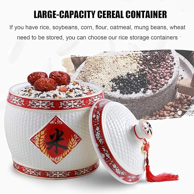 Chinese Ceramic Rice Bucket Large Grain Dispenser Food Storage Container with Lid Sealed Rice Storage Jar for Noodles Rice Snacks(30x36cm(12x14inch) F)