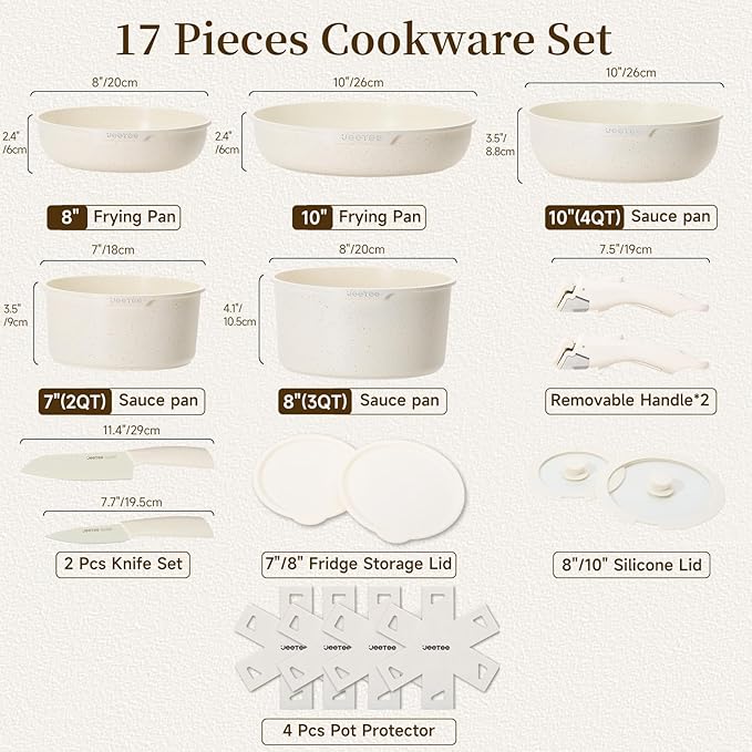 JEETEE Pots and Pans Set Non Stick 17pcs Kitchen Cookware Sets with Detachable Handle Induction Nonstick Cookware Set with Removable Handle Stackable RV Cookware Oven Safe PFAS/PFOA Free Beige