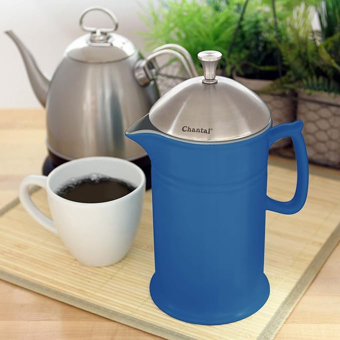 Chantal Stoneware French Press with Stainless Steel Plunger and Lid 28 ounce capacity Blue Cove