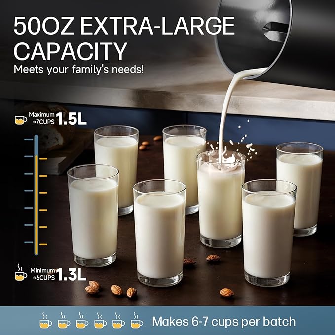 304 Stainless Steel Almond Milk Maker Machine (Built-in Filter) 50oz 6-7 Cups Per Batch 8-IN-1 Cooking Blender Make Plant Based Nut Milk Soy Oat Milk Soup &amp Juice Automatic Cleaning (Black)