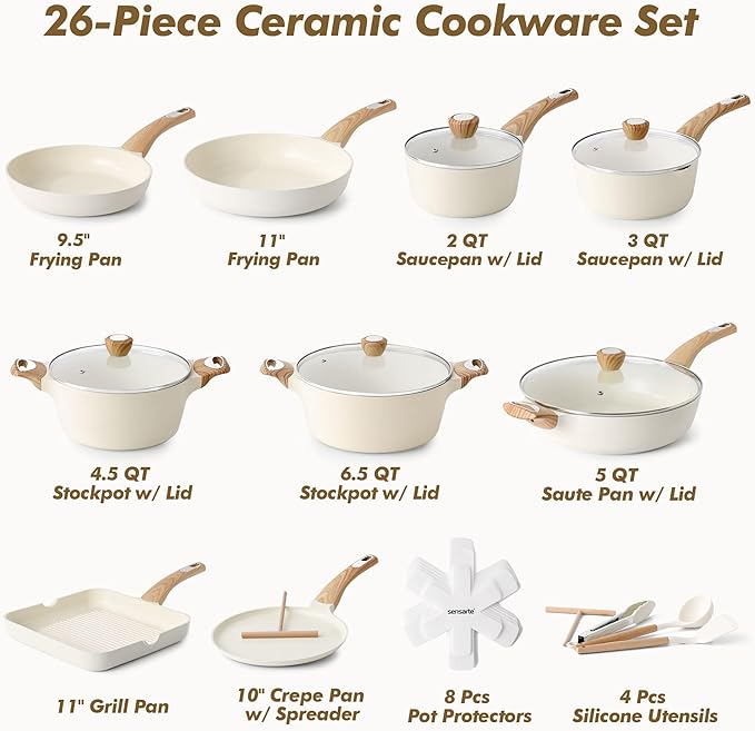 SENSARTE 26 Pcs Nonstick Kitchen Ceramic Cookware Sets1.5 Quart Small Saucepan with LidNon stick Saucier Pan Induction Pot