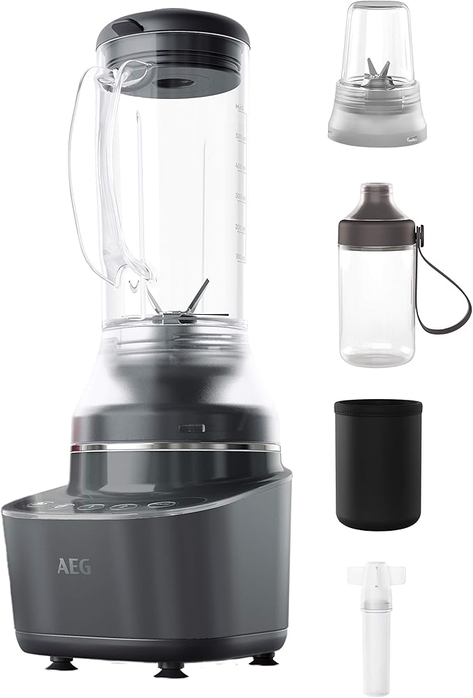 AEG CB7-1-8MTM Compact Blender (2 Levels 2 Recipe Programmes Pulse Function Includes Accessories LED Backlit Buttons 6-Blade Stainless Steel Knife 0.6 Litre Tritan Jug Grey)
