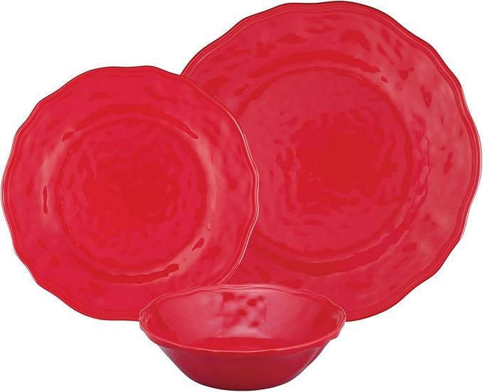 UPware 12 Piece Holiday Red Melamine Dinnerware Sets Outdoor Dishes Set Plates and Bowls Sets Christmas Decorations Service for 4 Red
