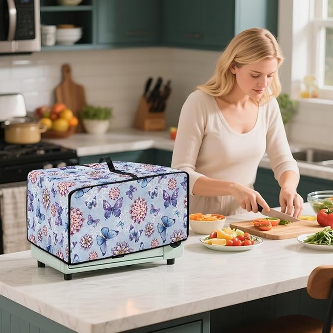 Butterfly Toaster Oven Cover Wide Slot Boho Mandala Print Toaster Oven Air Fryer Cover Dustproof Universal Fit Most Standard Toasters Blue