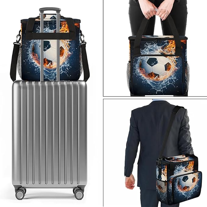 Soccer Ball On Fire And Water Travel Coffee Maker Carrying Bag Large Organizer Storage Tote Bag Insulated Reusable Cooler Grocery Bags