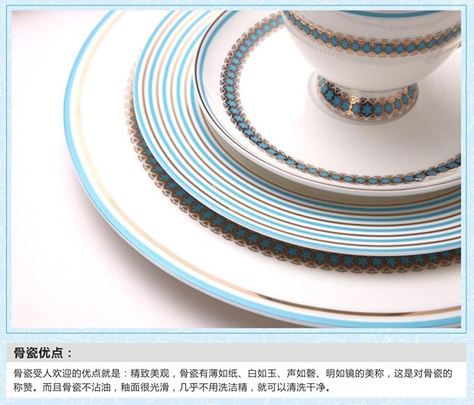 European Style Dinnerware Set Service for 6 Bone China Dinnerware Sets Unbreakable Porcelain Dinner Sets Coffee Cup and Saucer Tableware Set Steak Dinner Plates Dish Set Sky Blue Malang-3