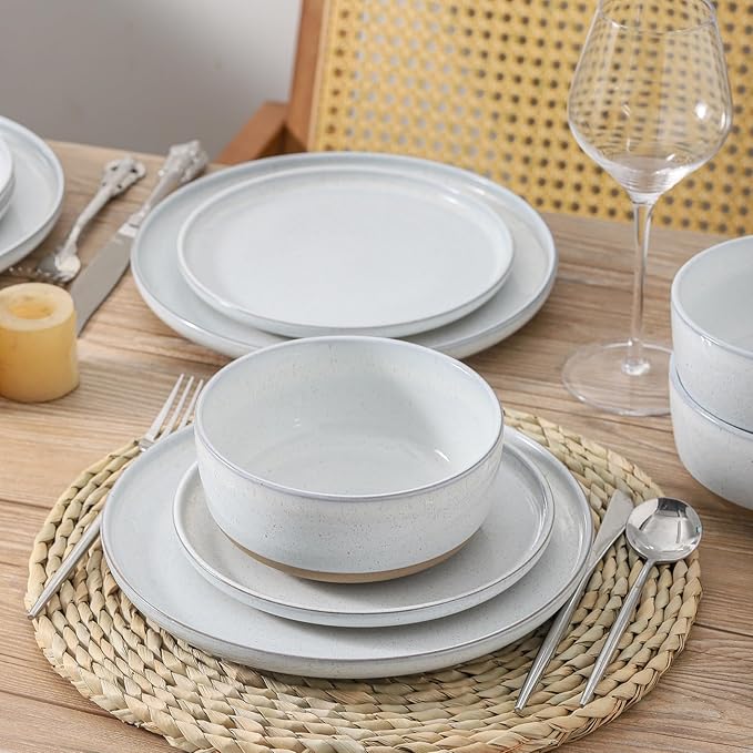 Hasense 22 pieces dinnerware set with plates bowls and mugs set for home and kitchen white stoneware dish set
