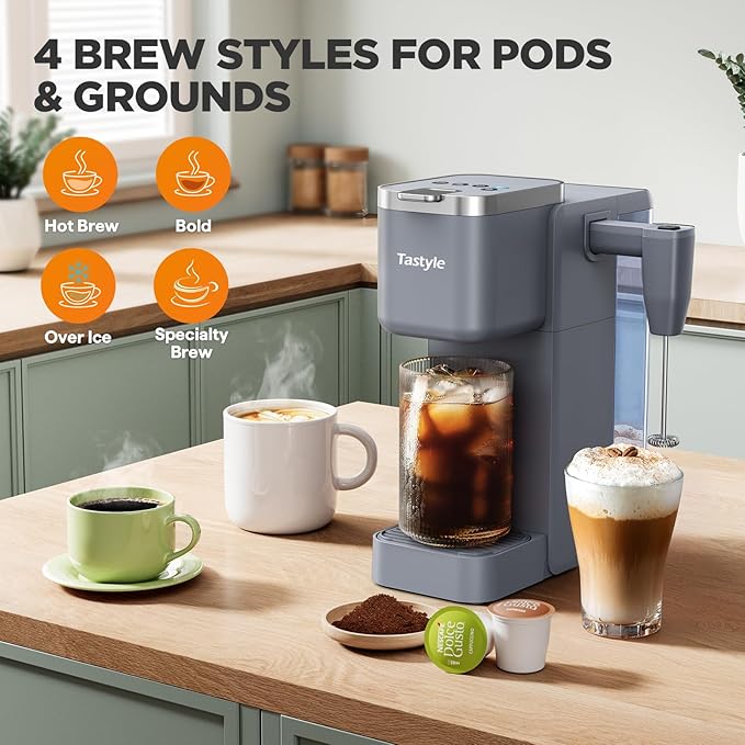 Single Serve Coffee Maker with Built-in Detachable Milk Frother Iced and Hot Coffee Machine for K Cup &amp Grounds 40oz Removable Water Reservoir 6 Cup Sizes Fits 7.3 Travel Mug Gray
